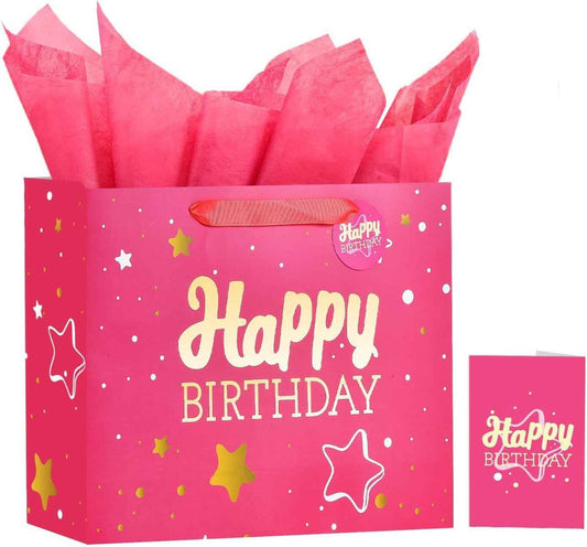 Powbrace 13" Birthday Gift Bag with Tissue Paper & Card(1 Pack Pink Gold) | Foil Stamping Gift Bags, Starry Sky Gift Bags, Happy Birthday Gift Bag for Men Women,Gift Bag Medium size