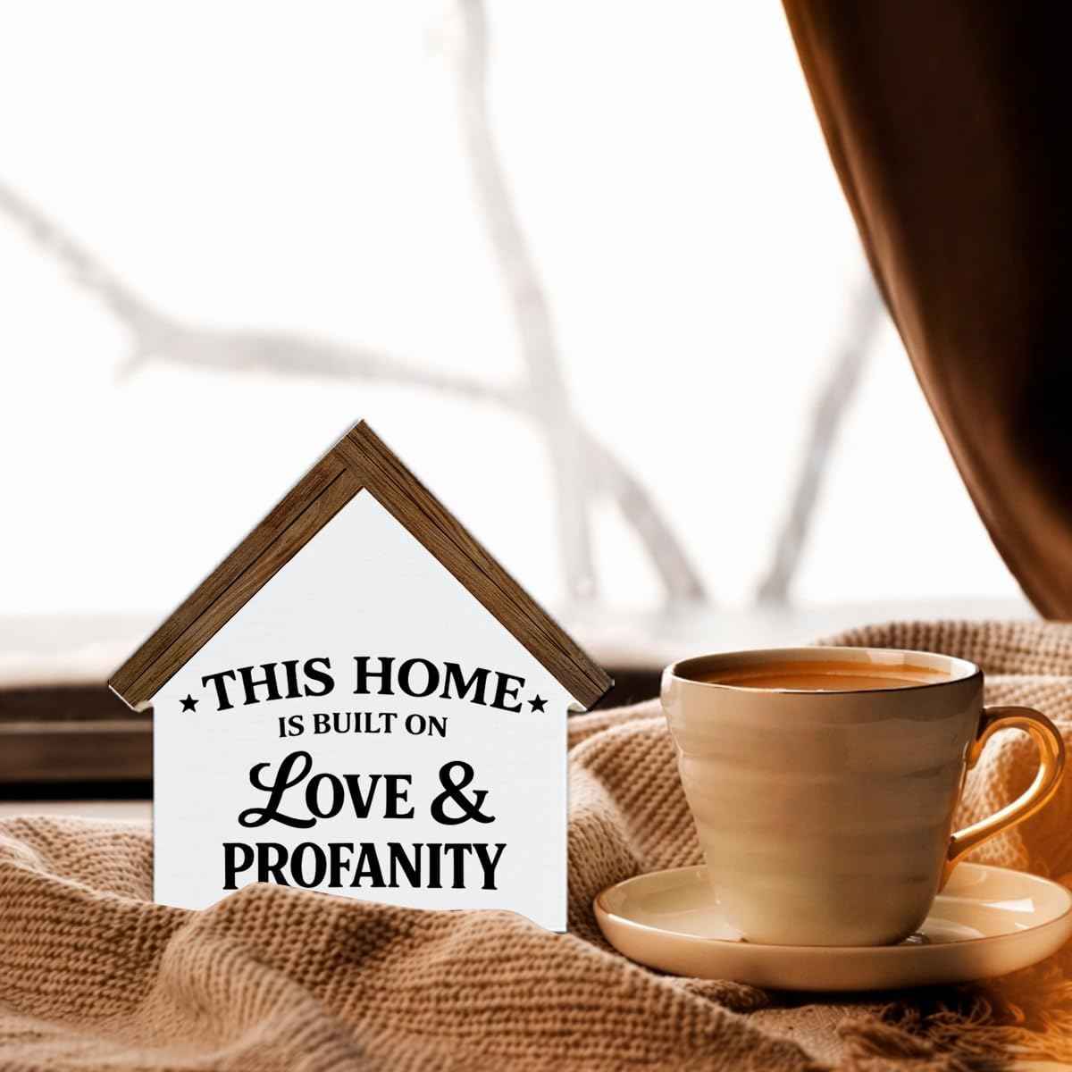 2026 Housewarming Gifts New Home Gift Ideas Wooden Sign, Funny Built on Love & Profanity House Shaped Wood Block Sign, Home Decor for Living Room Bedroom Table Desk Shelf