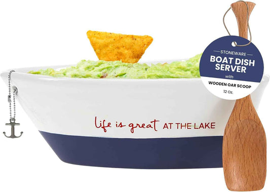 Pavilion Gift Company 67541 12 Oz Stoneware Boat Dish Server with Wooden Oar Scoop Life is At The Lake, Blue