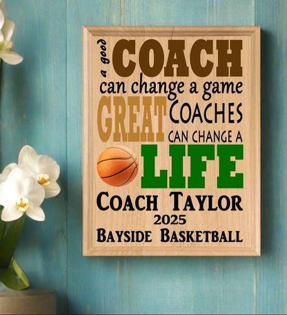 Broad Bay Personalized Basketball Coach Plaque - Solid Wood - 11in x