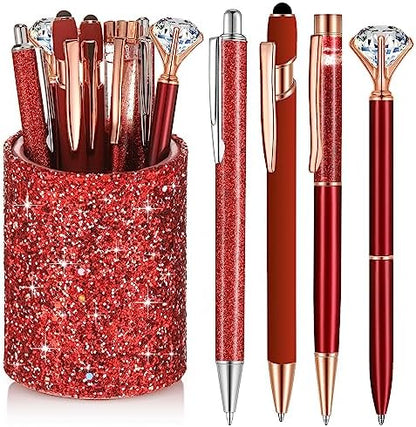 Sabary 8 Pcs Red Diamond Pens with Glitter Desk Pen Holder for Women