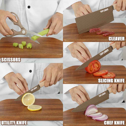Knife Set, Wiztoynia 6-Piece Coffee Kitchen Knife Set for Home, Anti-Rust Non-stick Stainless Steel Sharp Chef Knife Set with Universal Knife Block for Kitchen, Ergonomical Design (Coffee)