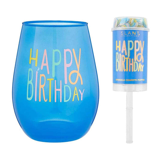 slant collections Birthday Gifts Stemless Wine Glass & Push-Pop Confetti Popper Gift Set, 2-Piece, Happy Birthday