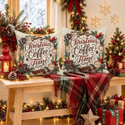 Christmas Coffee Time Quote Mug Throw Pillow Covers 12x12 Set of 2
