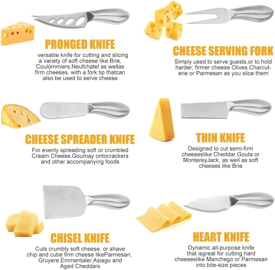 Stainless Steel Cheese Tool Set - 6 Piece Cheese Knife Set - Cut