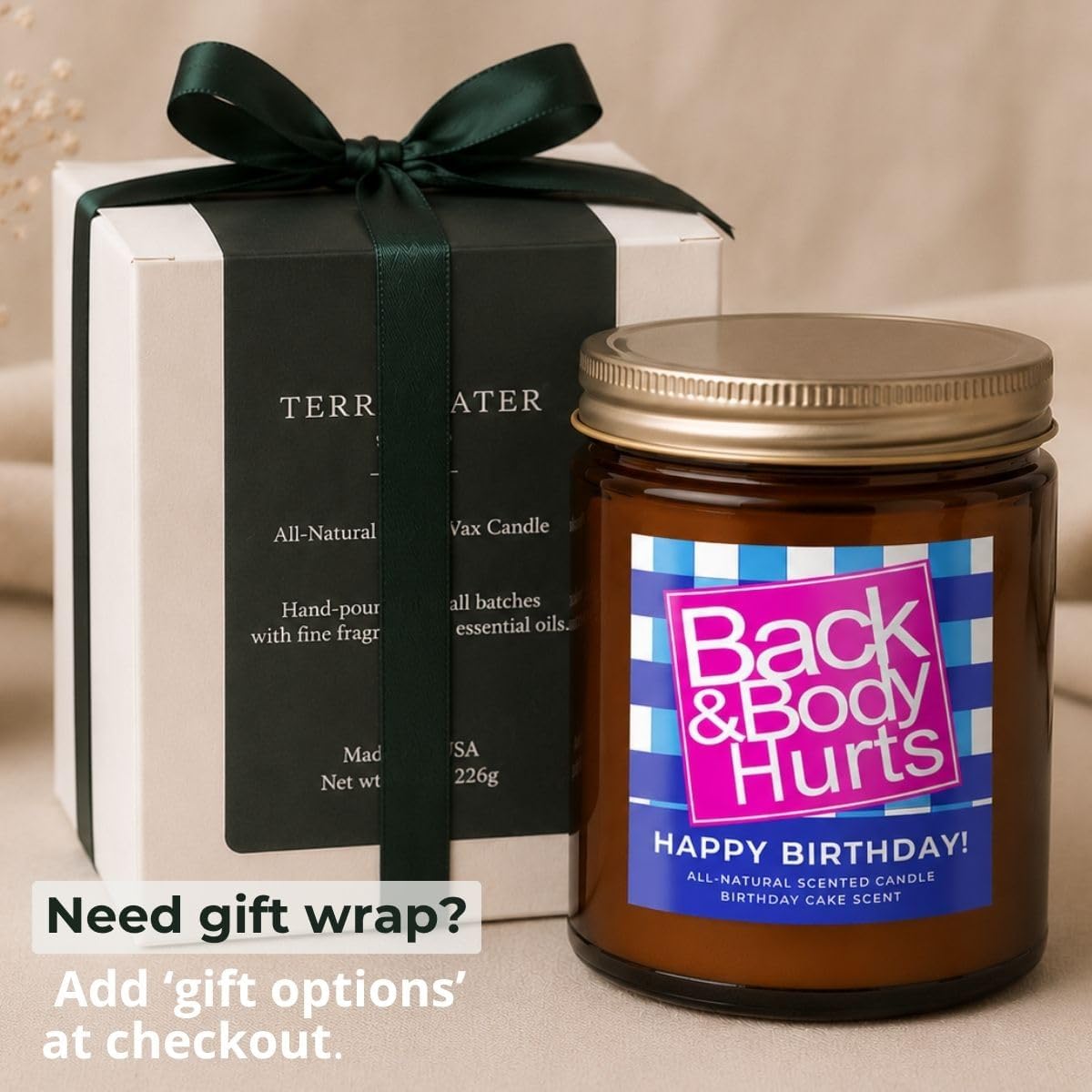 Back & Body Hurts, Funny Happy Birthday Gift, All-Natural Scented Candle, 30th, 40th, 50th and 60th Birthdays, Gifts for Women and Men, Unique Birthday Gifts