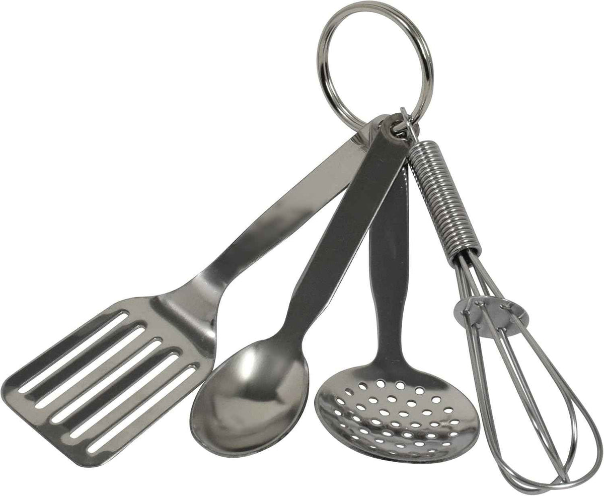 R&M International Mini 3.5" Kitchen Tool Set with Keychain, Includes Whisk, Spatula, Spoon, and Skimmer,Silver