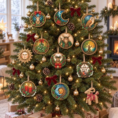 48 Pcs Wooden Yule Tree Ornaments, Vintage Pagan Christmas Hanging