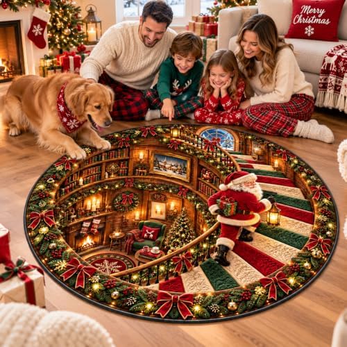 IZI POD Christmas Round Rug, 3D Santa Christmas Round Rug, 3D Rugs