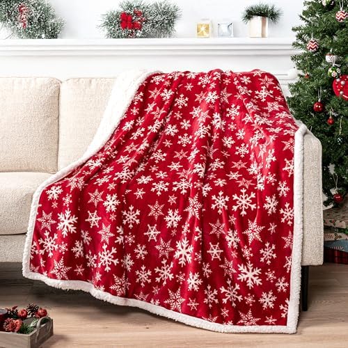 PAVILIA Red Snowflake Christmas Sherpa Throw Blanket, Ultra Soft