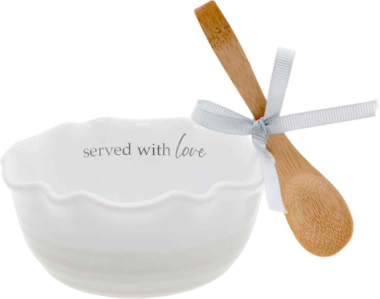 Pavilion Gift Company - Served With Love - 4.5" Ceramic Bowl With Bamboo Serving Spoon Neutral Ombre Kitchen Serveware Housewarming Gift Hostest Host Present