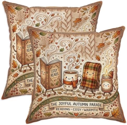 Cozy Autumn Reading Animated Objects Throw Pillow Covers 22x22 Set of