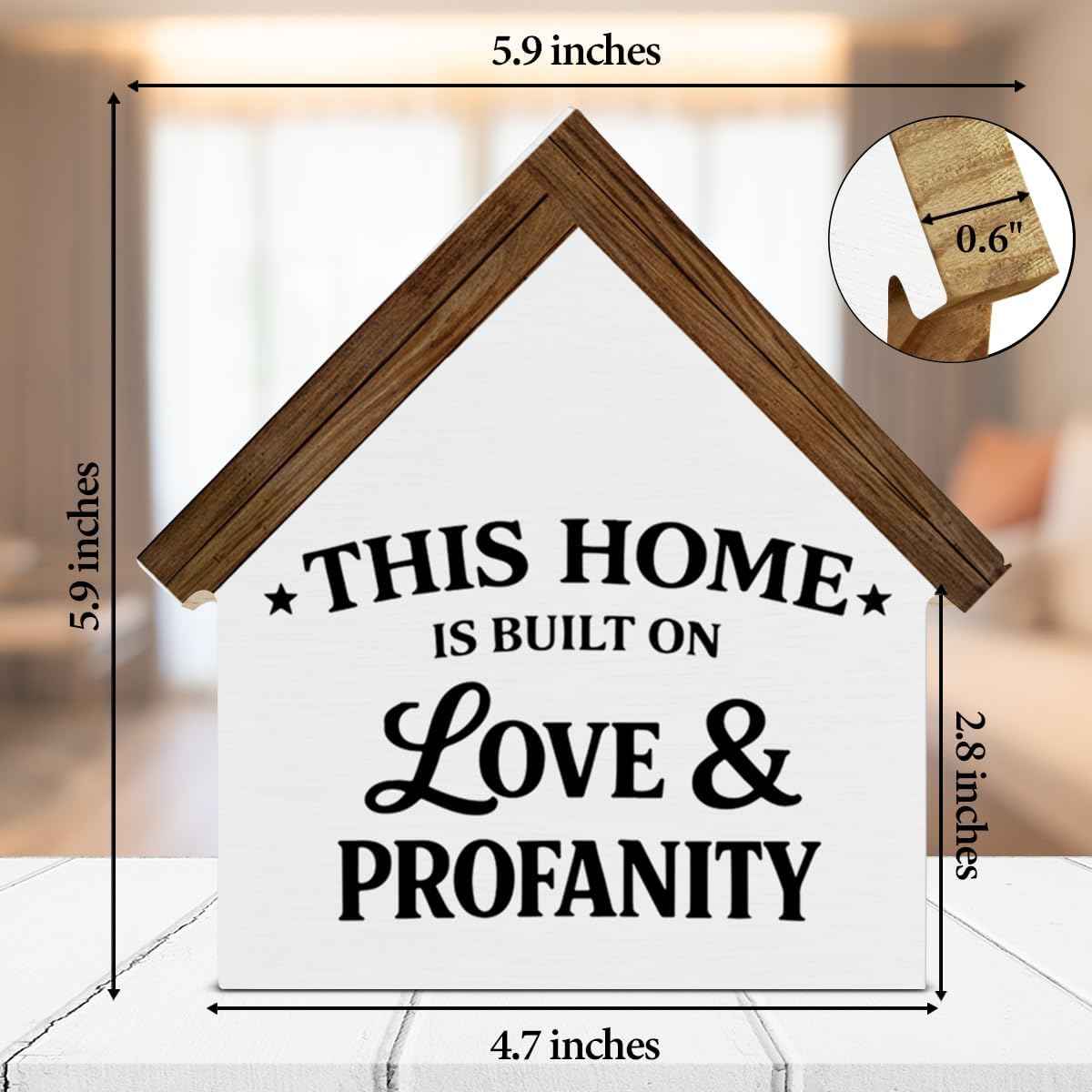 2026 Housewarming Gifts New Home Gift Ideas Wooden Sign, Funny Built on Love & Profanity House Shaped Wood Block Sign, Home Decor for Living Room Bedroom Table Desk Shelf