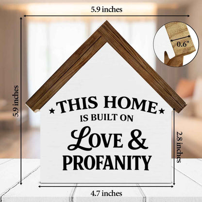 2026 Housewarming Gifts New Home Gift Ideas Wooden Sign, Funny Built on Love & Profanity House Shaped Wood Block Sign, Home Decor for Living Room Bedroom Table Desk Shelf