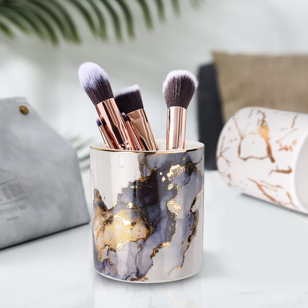 Marble Pencil Holder, Durable Ceramic Desk Organizer Office Supplies,Desktop Stationary Organizer,Multi-Functional Pencil Storage for Desktop Accessories,Office,Classroom,Home,Gray Gold