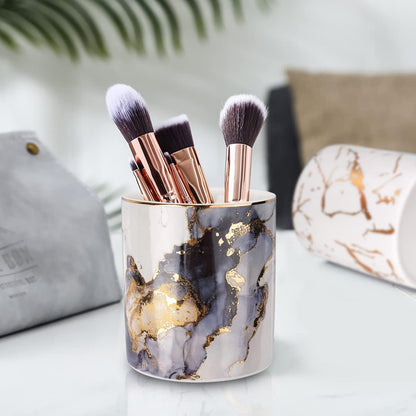 Marble Pencil Holder, Durable Ceramic Desk Organizer Office Supplies,Desktop Stationary Organizer,Multi-Functional Pencil Storage for Desktop Accessories,Office,Classroom,Home,Gray Gold