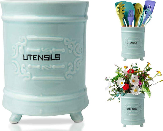 Comfify French Blue Ceramic Utensil Crock – French Country – Scroll Feet | French Blue; ceramic; 6.5"H x 5.25" diameter; embossed 'utensils'; scrollwork feet; dishwasher safe; French country style