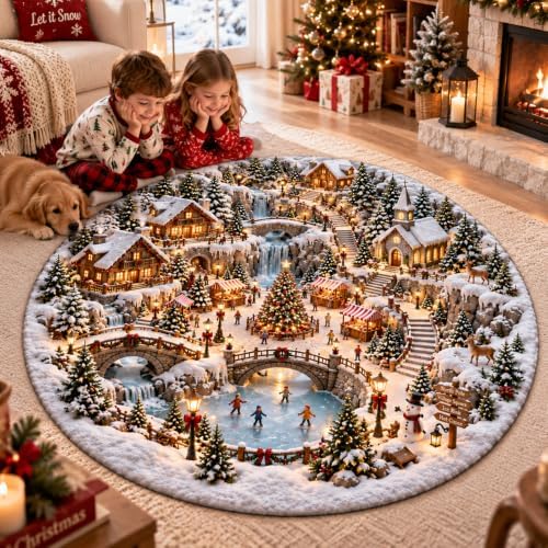 IZI POD Christmas Round Rug, 3D Winter Village Christmas Round Rug, 3D