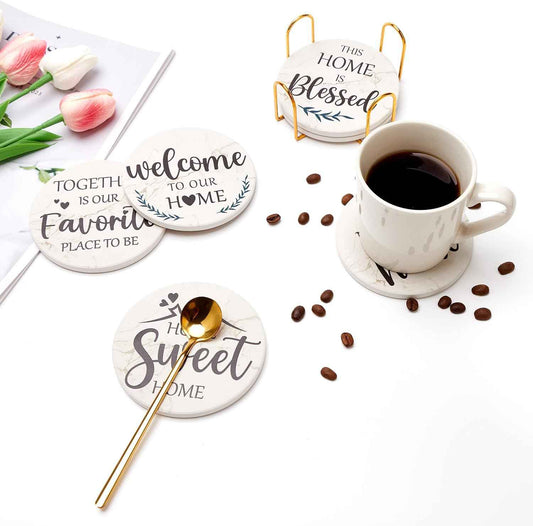Farmhouse Ceramic Coasters with Holder, Set of 6