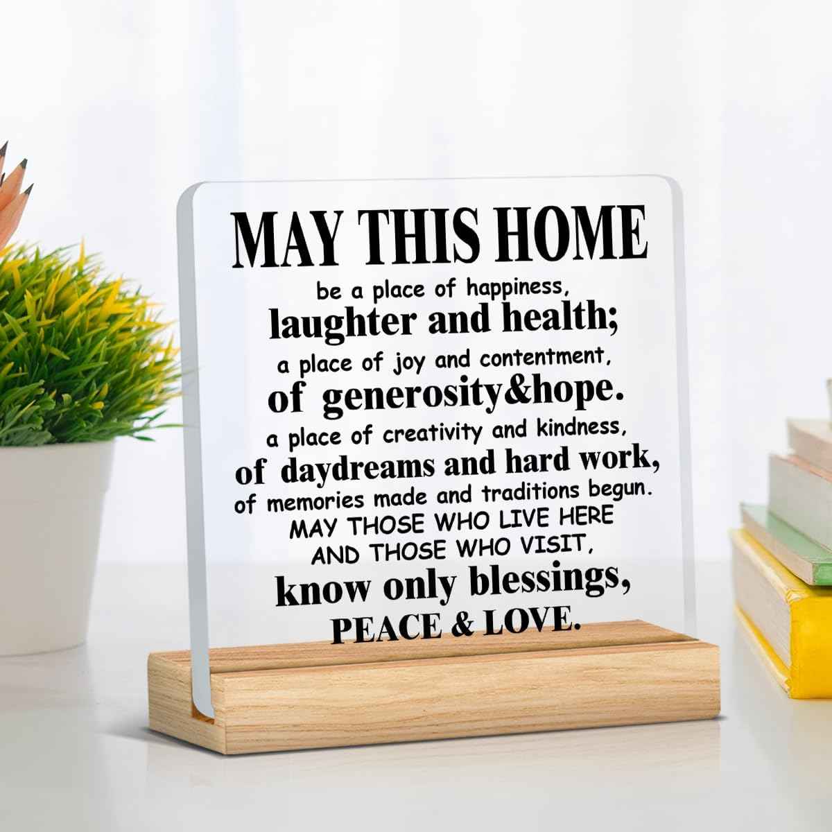 Housewarming Gifts for Women and Men - Religious House Warming Gifts | May This Home Acrylic Desk Sign Decor 4 x 4 Inches