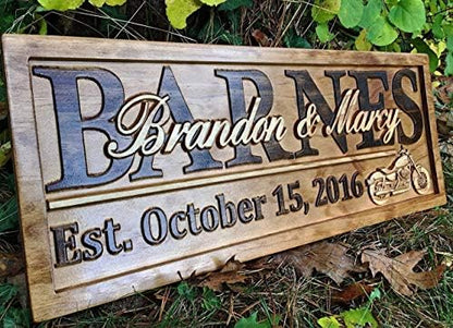 Personalized Motorcycle Wedding Gift Wood Family Last Name Sign