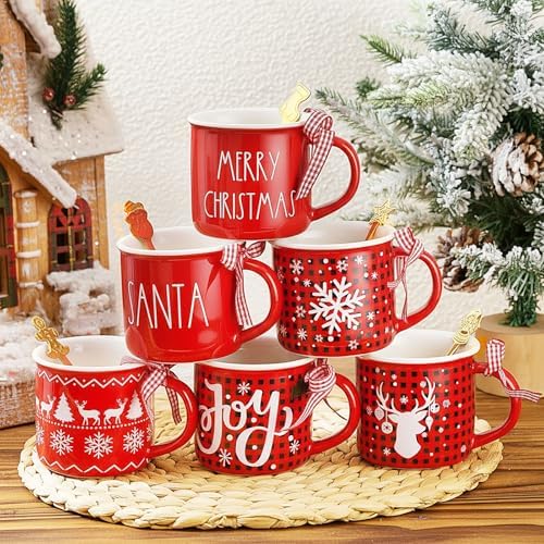 Baderke 6 Set 11 oz Christmas Coffee Mugs Spoons, Plaid