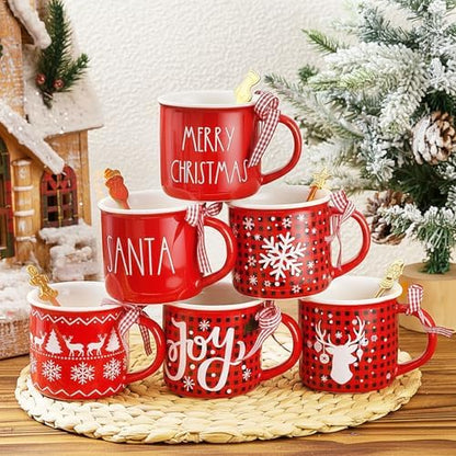 Baderke 6 Set 11 oz Christmas Coffee Mugs Spoons, Plaid