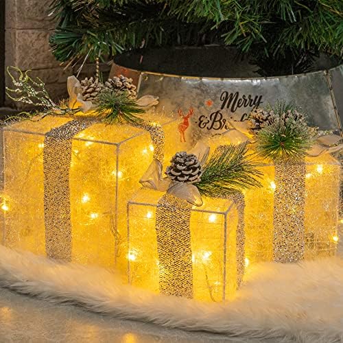 Hourleey Set of 3 Christmas Lighted Gift Boxes, Pre-lit 60 LED Light