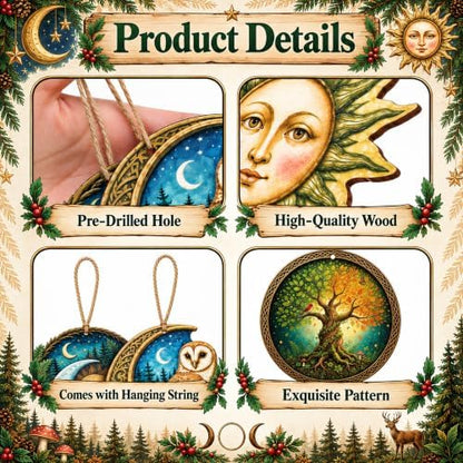 48 Pcs Wooden Yule Tree Ornaments, Vintage Pagan Christmas Hanging