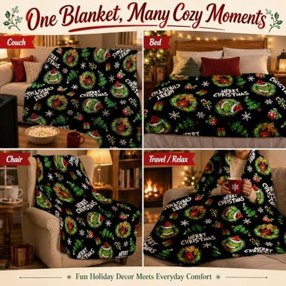 Holiday Character Christmas Throw Blanket, 50x60in Soft Flannel Green
