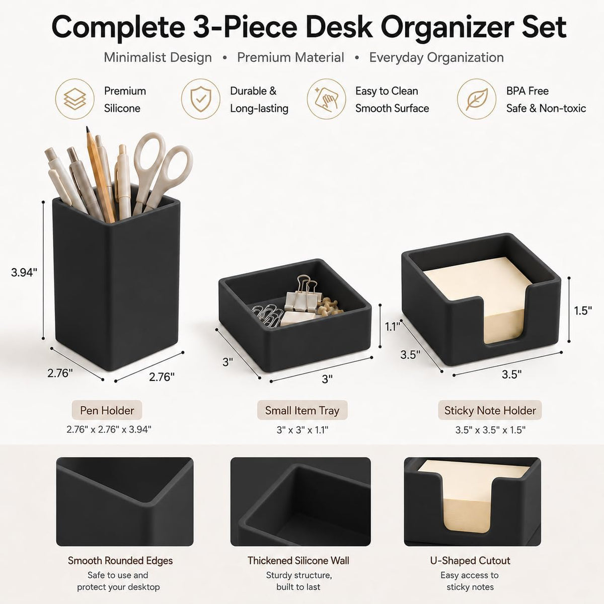 minimaliving Aesthetic Silicone Desk Organizer Set of 3,Modern Office Desk Accessories with Pen Holder,Paperclip Tray,Sticky Note Holder,Stylish Functional Office Desk Decor for Back-to-school(Black)