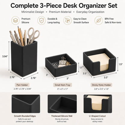 minimaliving Aesthetic Silicone Desk Organizer Set of 3,Modern Office Desk Accessories with Pen Holder,Paperclip Tray,Sticky Note Holder,Stylish Functional Office Desk Decor for Back-to-school(Black)