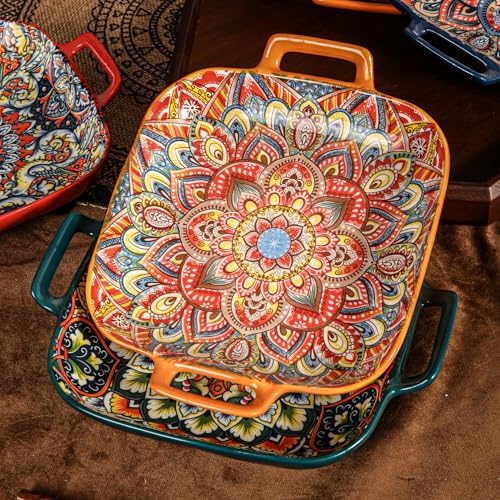 Ceramic Serving Platter with Handles, Set of 2, Bohemian Ceramic