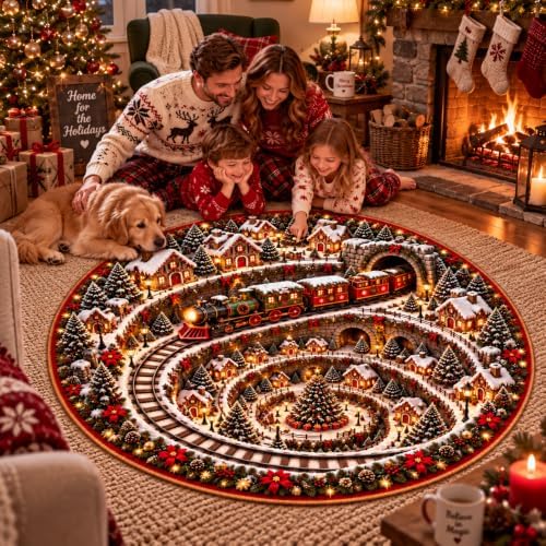 IZI POD 3D Snowy Town Christmas Round Rug, 3D Rugs Optical Illusion