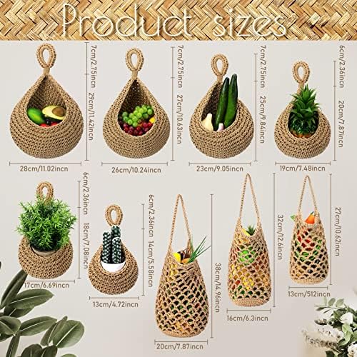 9 Pcs Jute Fruit Hanging Baskets for Kitchen, Boho Woven Wall Baskets