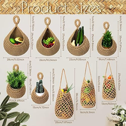9 Pcs Jute Fruit Hanging Baskets for Kitchen, Boho Woven Wall Baskets