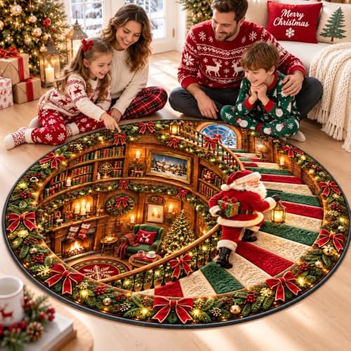 IZI POD Christmas Round Rug, 3D Santa Christmas Round Rug, 3D Rugs