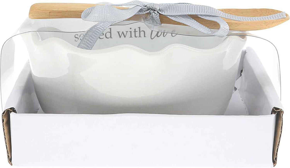Pavilion Gift Company - Served With Love - 4.5" Ceramic Bowl With Bamboo Serving Spoon Neutral Ombre Kitchen Serveware Housewarming Gift Hostest Host Present