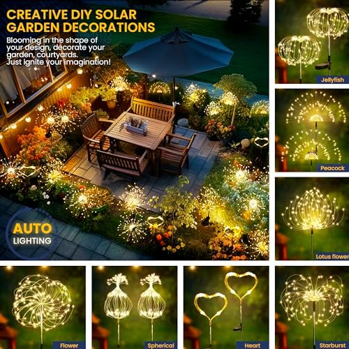 GIGALUMI 2 Pack Solar Firework Lights Outdoor, Garden Decor, Warm