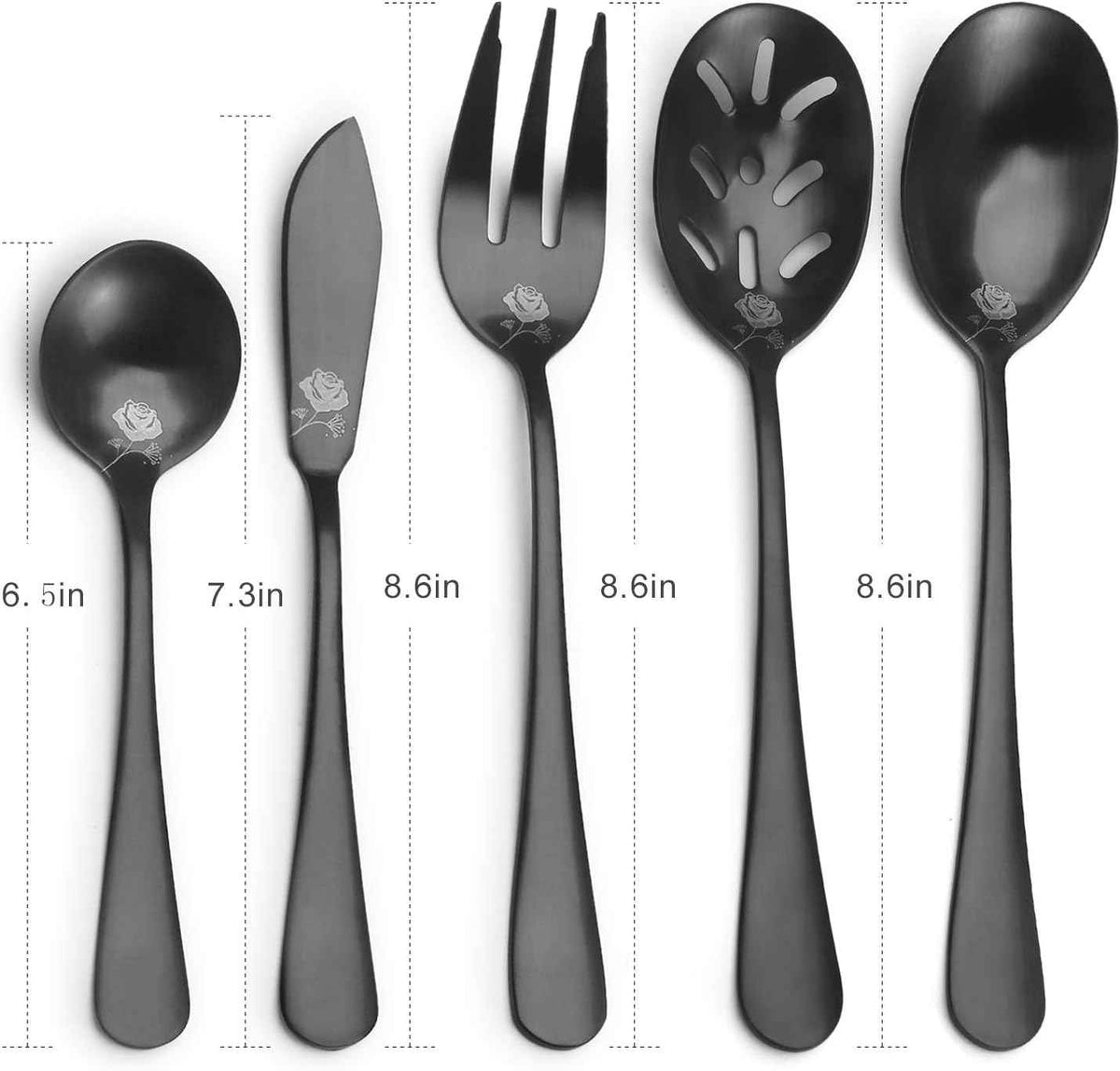 Matte Black Serving Set, sharecook 5-Piece 18/0 Stainless Steel Large Hostess Set with Round Edge, Satin Finished, Dishwasher Safe -Spoons, Forks,Butter Knife& Slotted Spoon