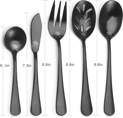 Matte Black Serving Set, sharecook 5-Piece 18/0 Stainless Steel Large Hostess Set with Round Edge, Satin Finished, Dishwasher Safe -Spoons, Forks,Butter Knife& Slotted Spoon