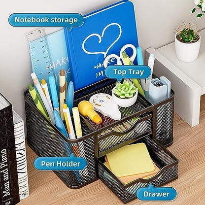 Marbrasse Mesh Desk Organizer, Pen Organizer with 2 Drawer