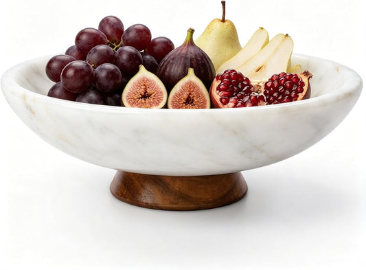 SAMAH White Marble Fruit Bowl with Acacia Wood Pedestal, Large Decorative Marble Bowl, Natural Stone Fruit Bowl for Kitchen Counter, Entryway, Keys, Dining Table, House Warming Gifts New Home(11Inch)