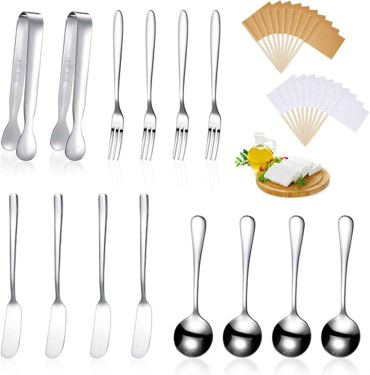 Patelai 14 Pcs Charcuterie Utensils Cheese Knives Forks,Silver | Stainless Steel Mini Serving Set for Appetizers, Includes Butter Spreaders Tongs Condiment Spoons, Board Accessories