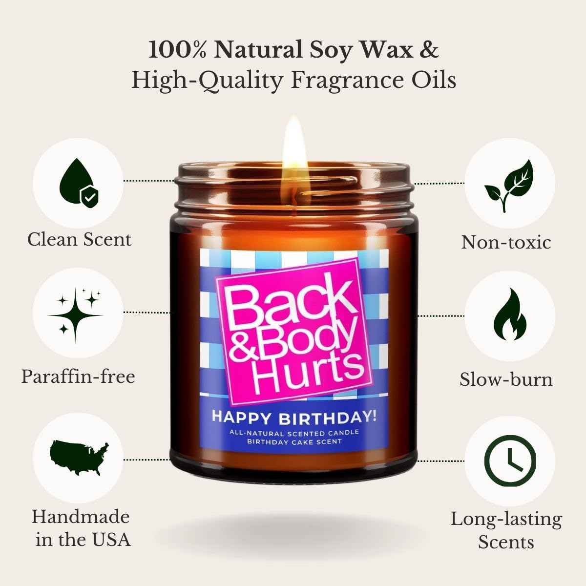 Back & Body Hurts, Funny Happy Birthday Gift, All-Natural Scented Candle, 30th, 40th, 50th and 60th Birthdays, Gifts for Women and Men, Unique Birthday Gifts