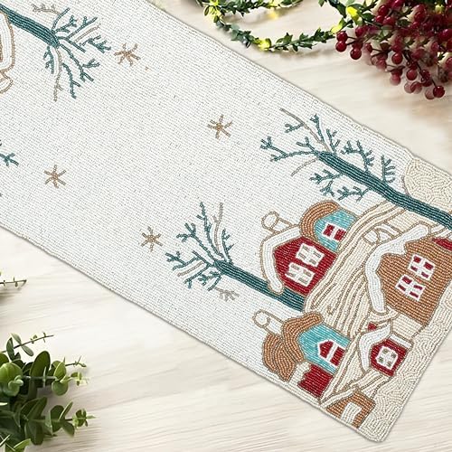 Lightnpro Poinsettia Beaded Table Runner – Elegant Farmhouse Decor for