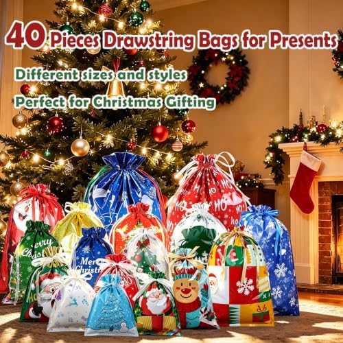 BWFY 40 Pcs Christmas Drawstring Gift Bags, 6 Sizes, 17 Patterns