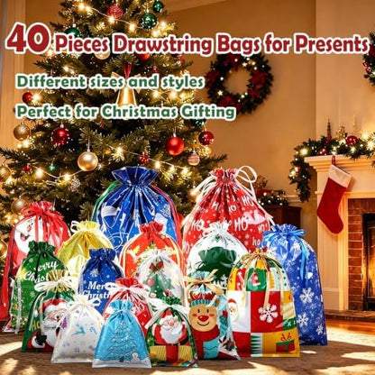 BWFY 40 Pcs Christmas Drawstring Gift Bags, 6 Sizes, 17 Patterns