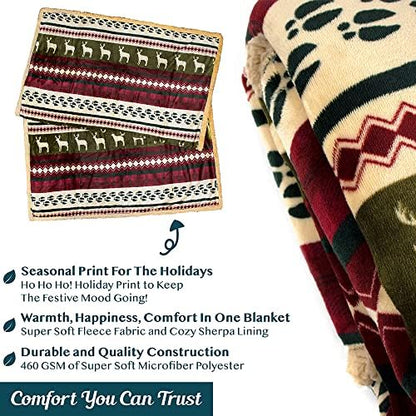 PAVILIA Premium Christmas Sherpa Throw Blanket, Green Red Cabin Design