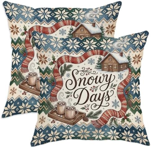 Winter Cabin Snowy Days Quote Christmas Throw Pillow Covers 14x14 Set